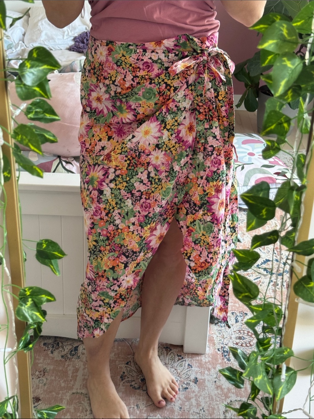 H&M Pink Multi Floral Wrap Midi Skirt